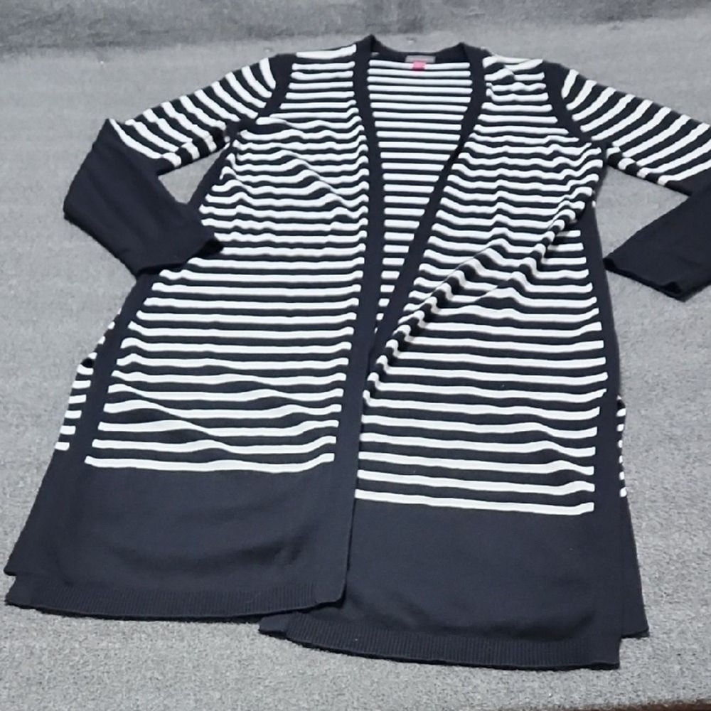 Vince Camuto Striped Long Open‎ Front Cardigan Sweater Black White Size L - Picture 2 of 8